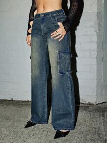 SHEIN ICON 女式时尚百搭水洗翻盖口袋宽松牛仔裤 - 深色水洗藍 - 查看 6