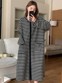 DAZY Knit Striped Hooded Loose Fit Bathrobe