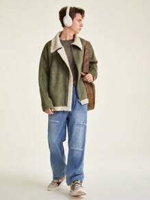 青少年男孩休闲酷炫雪山印花舒适长袖连帽毛绒夹克 - 軍綠色 - 查看 9