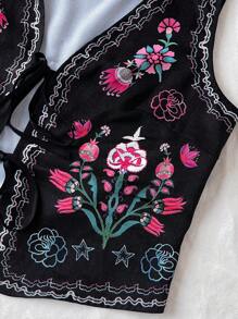 Soleia 度假女士多彩复古定位提花V领无袖开襟系带开襟梭织提花背心，新年女装，女士冬装，女士西装，女士生日服装