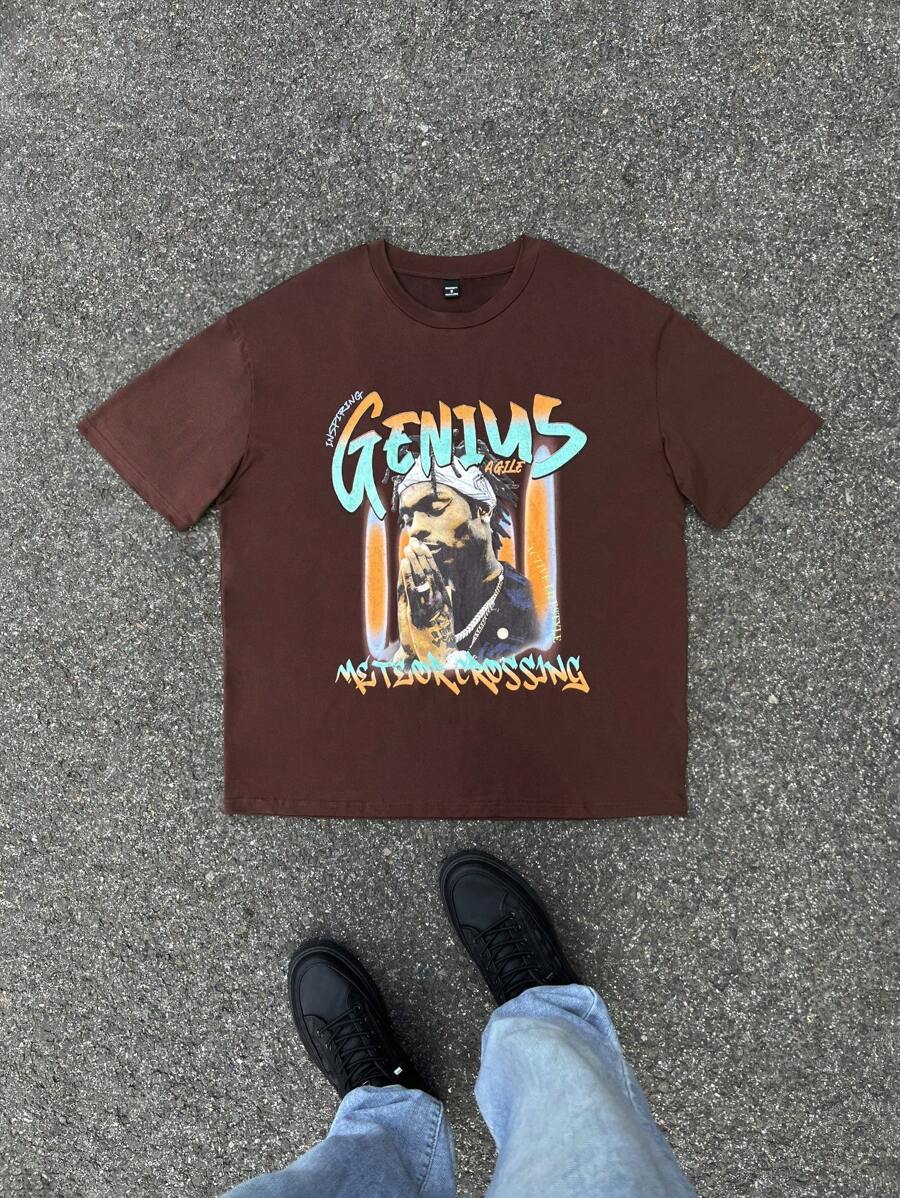 Mainfolk Unisex Knit Loose Drop Shoulder Short Sleeve T-Shirt, Suitable For Summer - Coffee Brown - View 1