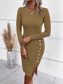 SHEIN Clasi Solid Color Crew Neck Button-Up Fitted Elegant Long Sleeve Sweater Dress - Camel - View 1