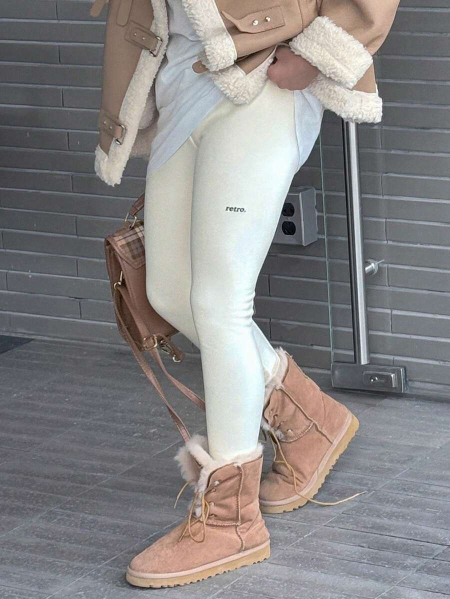 Dazy Kids Tween Girl Comfortable Letter Graphic Elastic Leggings, Fall/Autumn Winter Clothes Thermal Lined - White - View 1