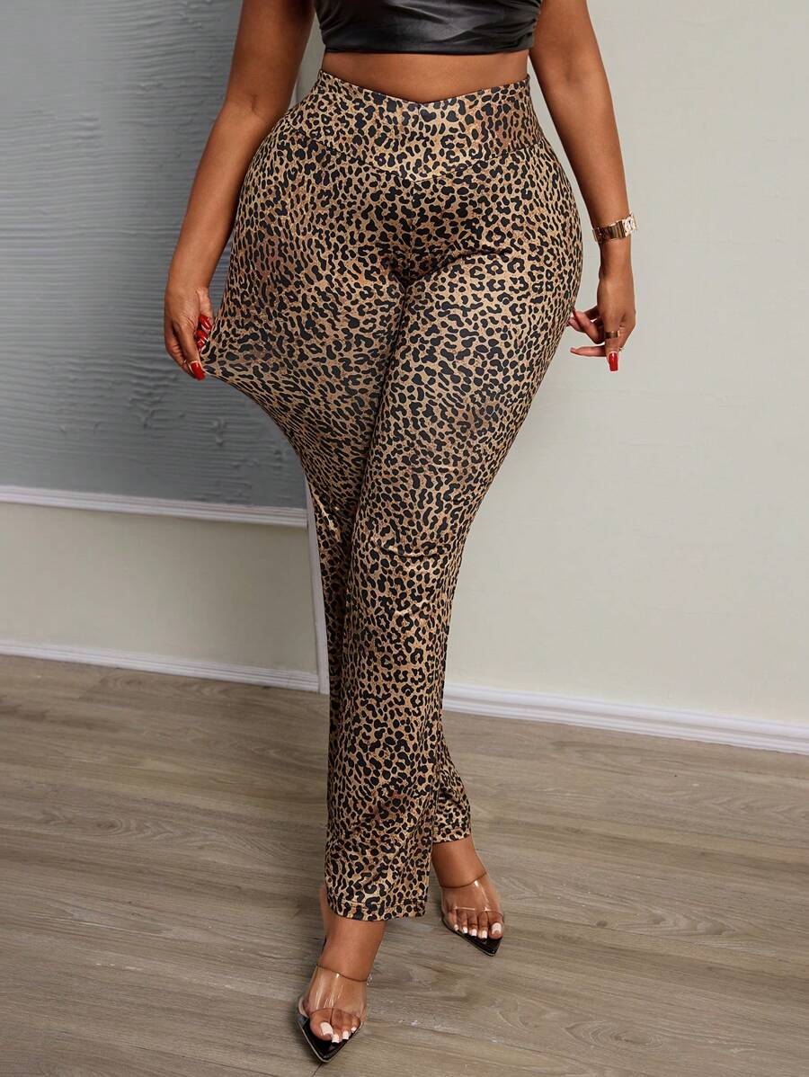 Slaydiva 大码女式时尚豹纹紧身裤 - 棕色 - 查看 1