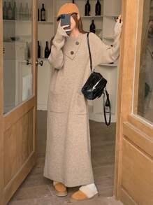 DAZY Váy len túi chắp vá cổ polo đơn giản màu trơn cho nữ, mùa thu/đông - Màu Khaki - Xem 6