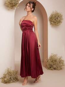 L'Amorae Robe bandeau élégante plissée de couleur unie pour femme, modèle d'été - Rouge - Voir 3