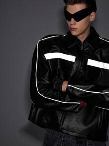 NEON BLANC Men's Oversized Black Woven Leather Long Sleeve Letter Zip Jacket, For Fall Winter, Outdoor, Spring - Black - View 2