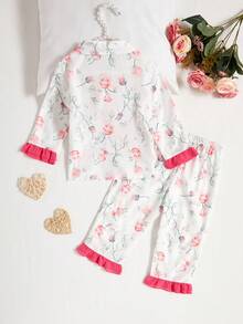 Bộ 2 món áo dài tay in hoa dễ thương cho bé gái và quần dài, màu tím, trang phục mặc nhà thanh lịch - Nhiều màu - Xem 2