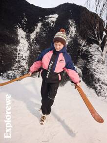 SHEIN Tween Boy Winter Contrast Color Letter Print Pocket Casual Long Sleeve Jacket - Multicolor - View 3