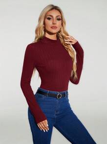 SHEIN Tall Women's Solid Color Stand Collar Long Sleeve Simple T-Shirt Daily Leisure - Burgundy - View 7