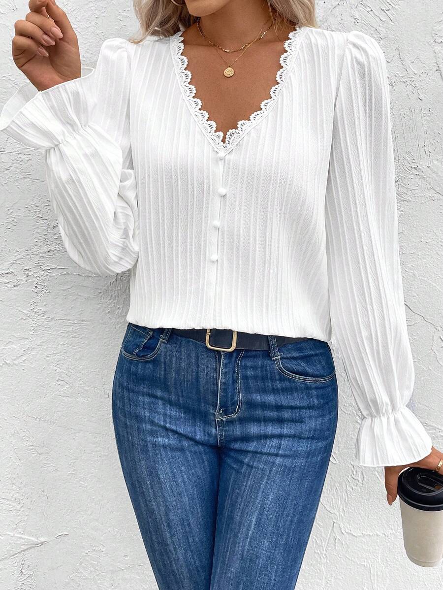 SHEIN Clasi Áo thun nữ tay dài cài nút phía trước đơn giản, giản dị, thích hợp mặc hàng ngày - trắng - Xem 1