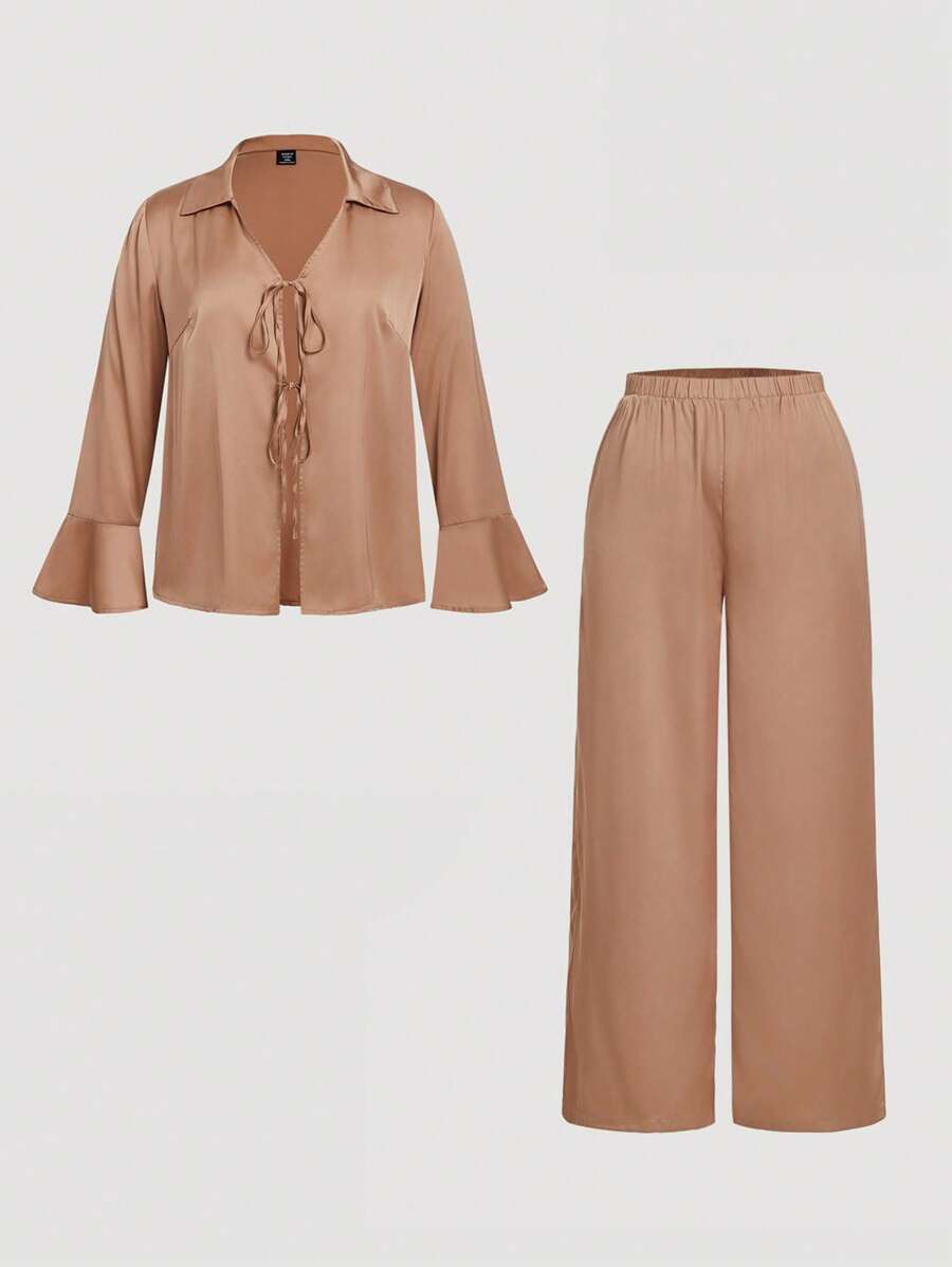 SHEIN MOD Plus Size Retro Sweet Solid Color Lace-Up Trumpet Sleeve Shirt And Trousers Two-Piece Set - Coffee Brown - View 1