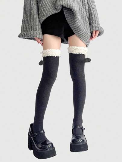 Kawaii 1 par de calcetines sobre la rodilla forrados de sherpa con pompones esponjosos para mujer, cálidos