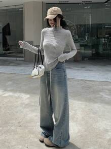 DAZY Women's Solid Color Turtleneck Long Sleeve Fitted Ribbed T-Shirt, Autumn,Fall Women Clothes - Grey - View 7