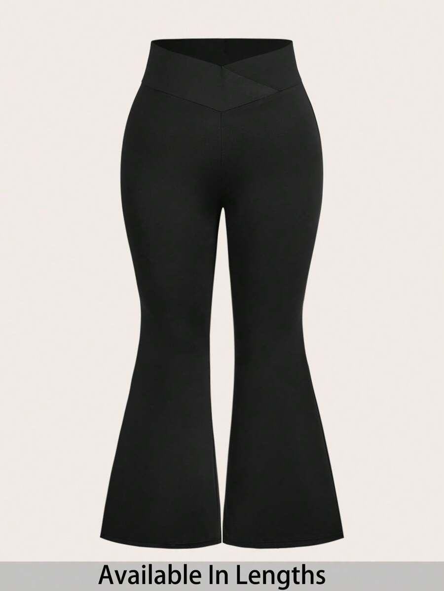 SHEIN PETITE CURVE Plus Petite Women's High-Waisted Cross Design Flared Leggings Suitable