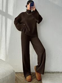 EURMUSE Women Solid Color Turtleneck Long Sleeve Top And Pants Casual Set - Chocolate Brown - View 6