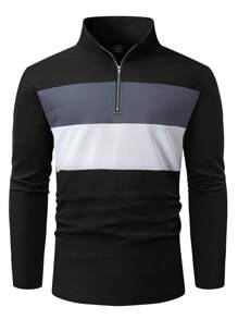 Manfinity Homme Herren Große Größen Kontrast Farbe Langarm Reißverschluss Poloshirt, Lässig Herbst, für Ausgehen