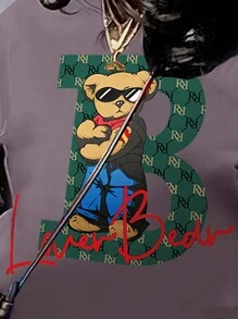 SHEIN Slayr Women's Cartoon Animal Pattern Round Neck Regular T-Shirt - Grey - View 3