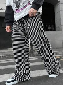 Manfinity VCAY 男士针织休闲松紧腰宽松直筒裤，日常穿着 - 黑與白 - 查看 4
