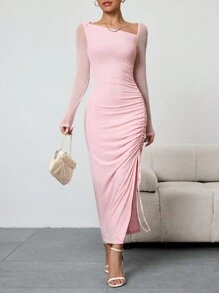 Rafferiza Damen einfarbiges Mesh Kleid mit asymmetrischem Ausschnitt, geraffter Taille und langen Ärmeln, elegantes Maxikleid für Damen - Pink - Übersicht 5