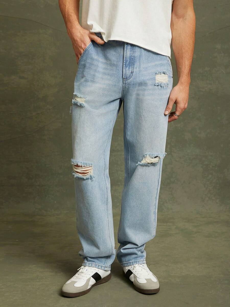 Quần Jeans Ống Đứng Rách Denim Cotton Cao Cấp 93% Cho Nam - Rửa nhẹ - Xem 1