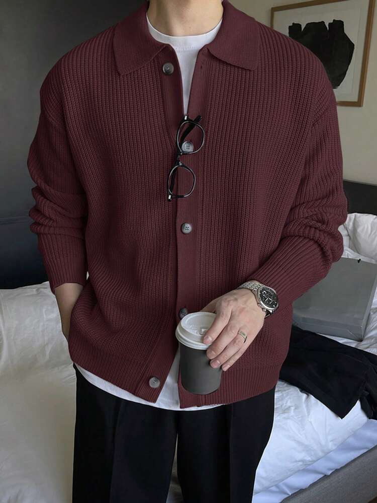 Burgundy Button-Front Casual Cardigan For Men, Suitable For Everyday Wear, Autumn Jacket