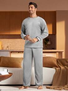 Men's Letter Embroidered Pajama Set, Top And Pants Loungewear - Light Grey - View 6