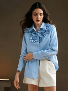 Anewsta 1 件女式现代条纹 3D 花卉女式衬衫 - 藍色 - 查看 4