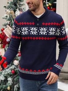 Manfinity Homme 大码男士几何印花前扣休闲图案拼色套头长袖毛衣，适合外出、丈夫 - 藍色 - 查看 4