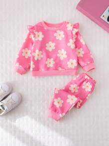 Cozy Pixies 2pcs/Set Baby Girl Floral Print Ruffle Collar Sweatshirt And Elastic Cuff Pants - Pink - View 4