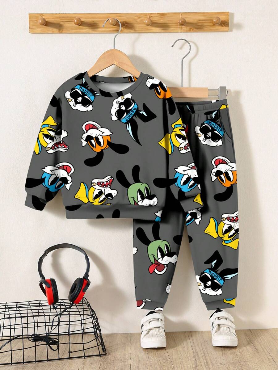 SHEIN Leap Crew 2pcs Set Young Boy Casual Loose Rabbit Cartoon Print Sweatshirt & Pants, Suitable For Summer - Multicolor - View 1