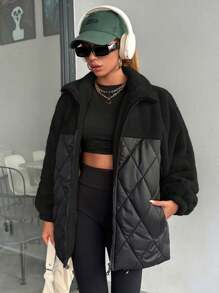 EURMUSE Women Padded Coat With Teddy Bear Fabric Patchwork, Diamond Shape Stitch Line - Black - View 1