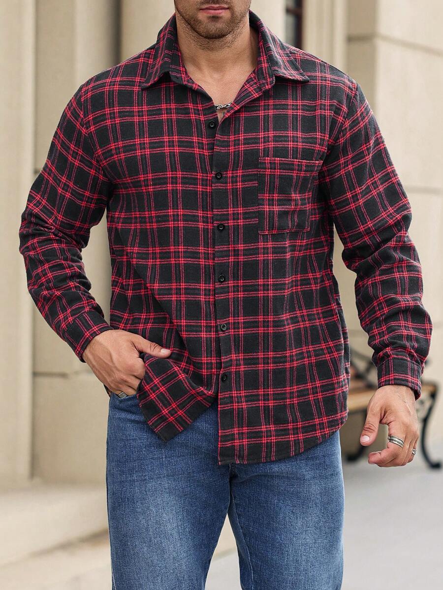 Manfinity Homme Áo sơ mi kẻ caro dài tay cài nút phía trước cỡ lớn cho nam thường ngày - Nhiều màu - Xem 1