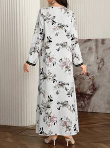 Al Najma Ladies Floral Print V-Neck Patchwork Arabian Dress, Modest Long Sleeve Elegant Tunic Kaftan Jalabiya Arabian Dresses, For Evening Party/Wedding Guest/Anniversary/Daily - Multicolor - View 2