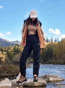 In My Nature 女士纯色前扣口袋字母印花简约休闲户外长裤 - 黑色 - 查看 9