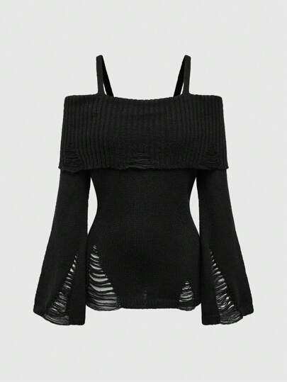 Goth Suéter con envoltorio para la cintura, hombros descubiertos y diseño desgastado de estilo punk oscuro a la moda