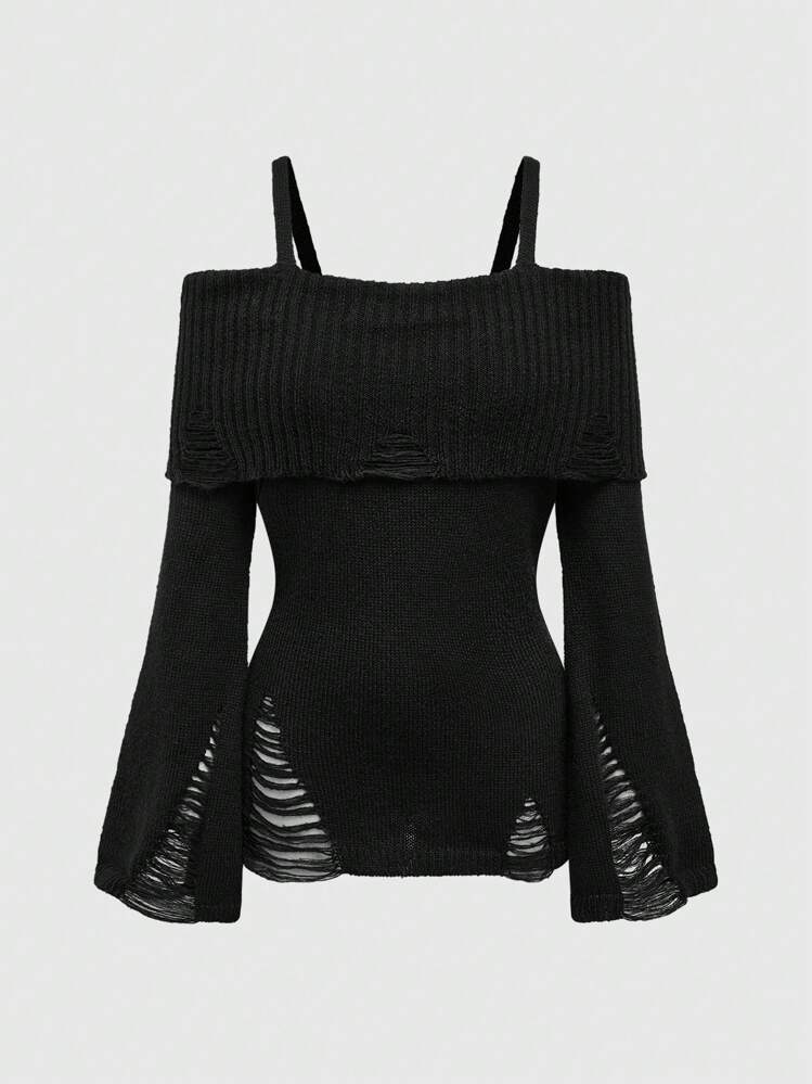 ROMWE Goth Suéter con envoltorio para la cintura, hombros descubiertos y diseño desgastado de estilo punk oscuro a la moda