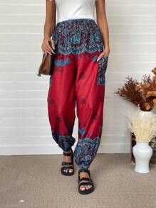 Breezaya 女士休闲口袋细节印花裤，日常穿着 - 彩色 - 查看 3