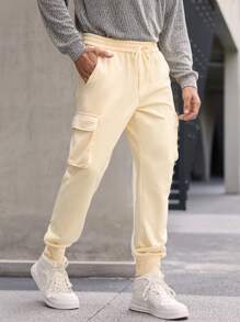 Manfinity Homme Men's Elastic Waist Jogger Cargo Sweatpants , 3D Cargo Pocket Embroidered Khaki Trousers ,Fall Men Clothes