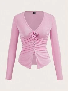 SHEIN Essnce 1pc Women Elegant 3D Floral Pleated Split Slim Fit Long Sleeve Top, Autumn,Pink Long Sleeve Dress, - Pink - View 3