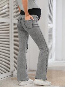SHEIN Maternity Solid Color Patchwork Ripped Elastic Flare Jeans