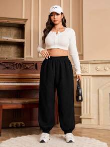 SHEIN EZwear Plus Size Solid Color Elastic Waist Casual Drawstring Ankle Pants