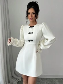 Gloray 1pc Women's Autumn Round Neck Puff Sleeve Dress With Button Decor, Elegant And Cute Fashion