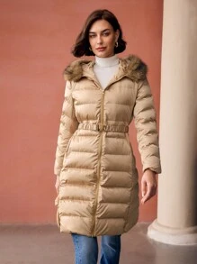 MOTF CONTRAST FUZZY HOODED SLANT POCKET BELTED PADDED COAT - Brown - View 7