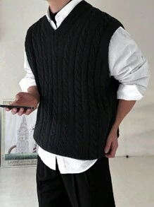 DAZY Men's Solid Color Simple Knit Sleeveless Vest, Casual For Daily Wear, Fall Clothes Business Attire - Black - View 3