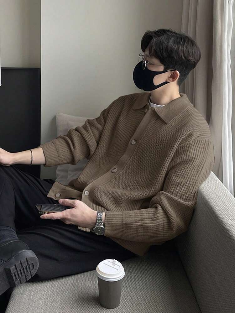 Men's Casual Solid Color Drop Shoulder Loose Fit Turndown Collar Button Front Cardigan Jacket Fall,Winter