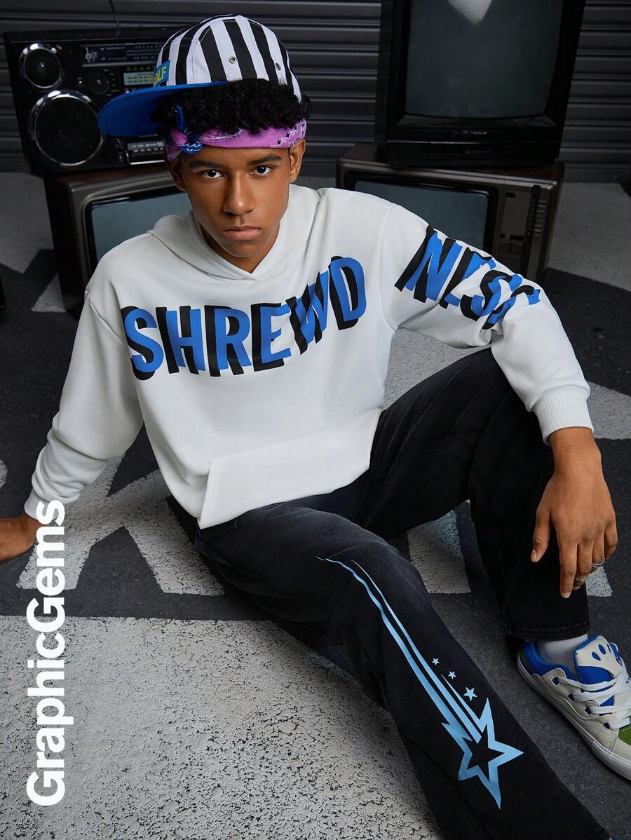 SHEIN Explorewe Teenage Boys Letter Print Hooded Long Sleeve Casual Sweatshirt - White - View 1