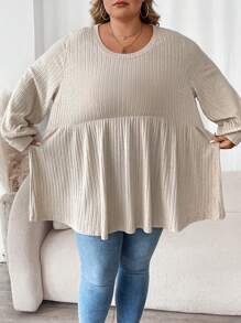 SHEIN CURVE+ 大码圣诞娃娃纹理羊毛圆领休闲 T 恤上衣 - 杏色 - 查看 5