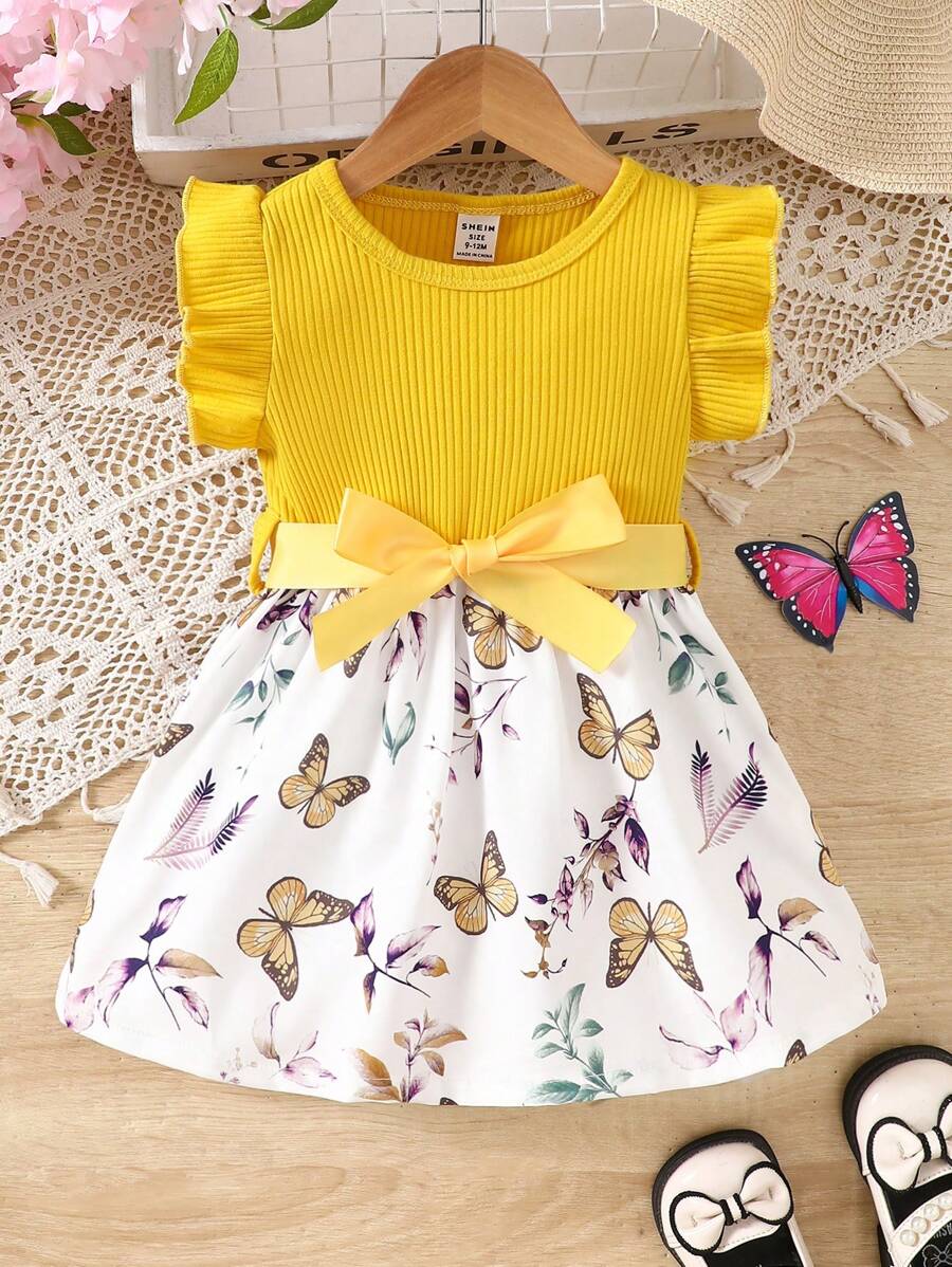 SHEIN Vestido informal de uso diario y versátil para niña con estampado de mariposa lindo y cinturón, adecuado para salir - Amarillo Mostaza - Ver 1