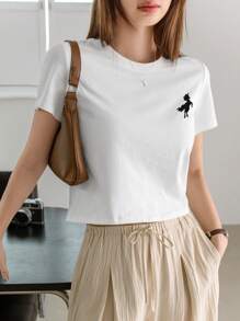 Dazy-Less Áo thun nữ cổ tròn tay ngắn họa tiết thêu chữ mùa hè, áo crop top nữ - trắng - Xem 5